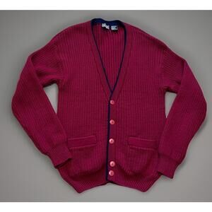 Vintage Sweater Graphix Chunky Knit Cardigan Brick Red Mens L Acrylic Grandpa